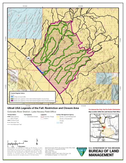 Map showing the location of the restriction and closure area for the Legends of the Fall off-highway vehicle race events in the Standard Wash OHV Open Area in Mohave County