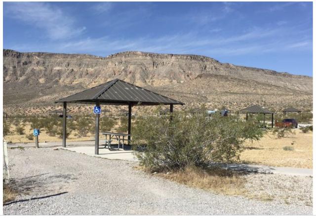 Shade structure & picnic table that can accommodate wheelchair users, as well as accessible parking & a paved walkway.