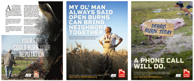 Print advertisements promoting safe debris burning, distributed in collaboration with the Farm Bureau. 