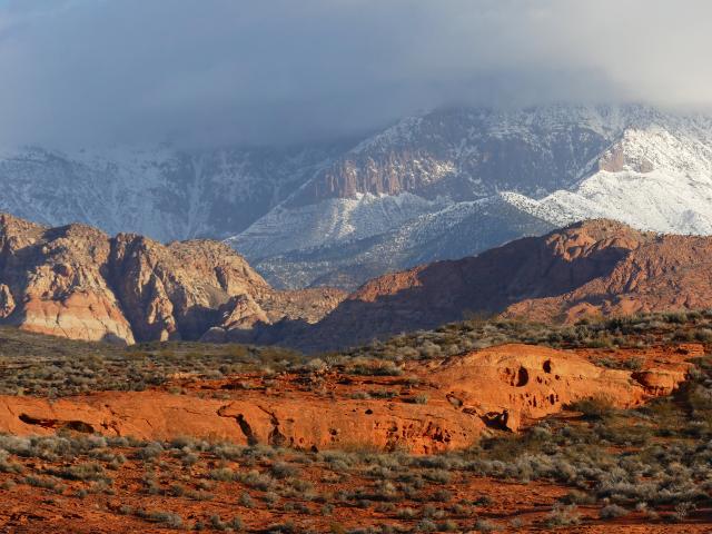 Image of red rock and snow-covered mountains in the Red Cliffs National Area. Photo by John Kellam/BLM