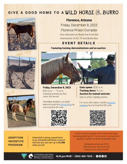 Flyer for the Wild Horse and Burro event happening in Florence, Arizona. The background is a light brown, and the flyer features a variety of photos of horses and burros from previous events. The footer has the U.S. Department of the Interior Bureau of Land Management Wild Horse and Burro program logo as well as a link to blm.gov/whb, a phone number (866) 468-7826, and social media icons. Text includes variety of event details, including:  Give a good home to a wild horse or burro.   Event Details:   Friday
