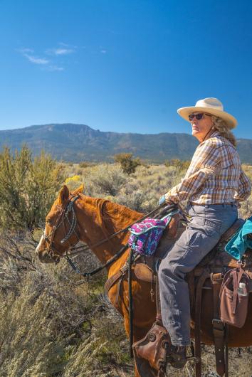 A woman on a horse in the high desert