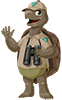 Agents of Discovery Agent mascot, Shel the Gopher Tortoise, waving wearing a BLM uniform and binoculars around its neck