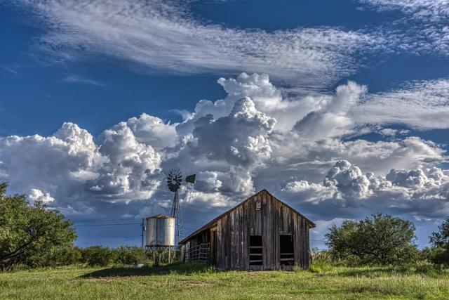 Clouds dot the blue sky at the Las Cienegas National Conservation Area