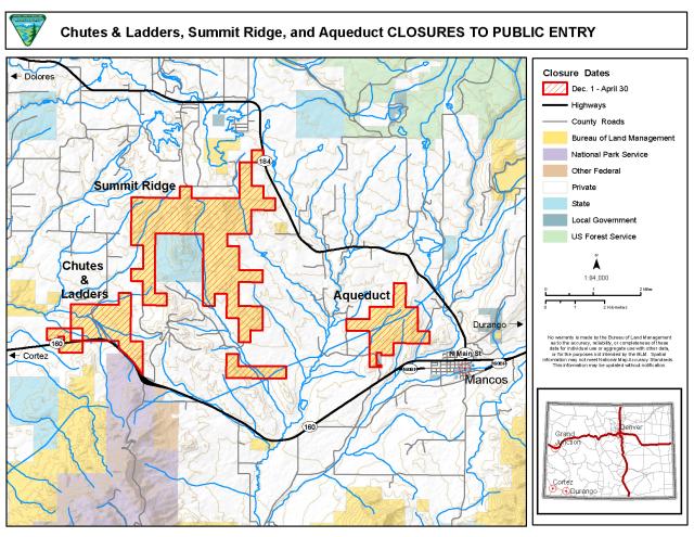 Map showing seasonal closure areas in Cortez SRMA in Tres Rios Field Office, CO.