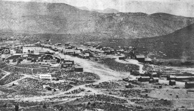 Historical photo of Silver Reef mining town with China Town circled on the left of the photograph.