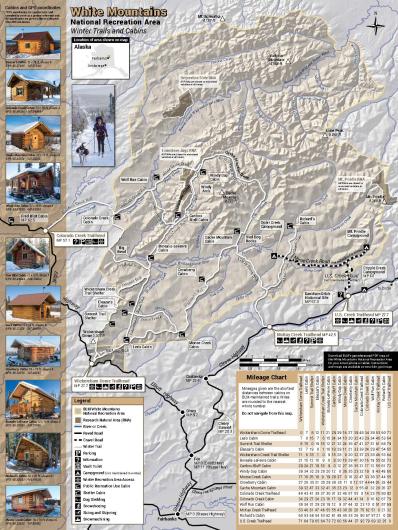 Map of the White Mountains National Recreation Area winter trails and public use cabins. 