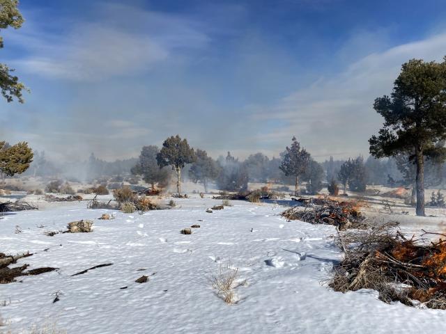 Fires billow smoke on a snow-covered landscape during a prescribed pile burn near Stinking Springs in the Whistler Mountains, north of Eureka, Nevada, Jan. 1, 2022. Prescribed burns like this one aim to reduce hazardous fuels and improve riparian habitats. The Bureau of Land Management’s Battle Mountain District is conducting prescribed burning activities from Dec. 1, 2023, to Mar. 1, 2024, in Eureka and Lander Counties.  Courtesy photo by Ashley Ledesma. 