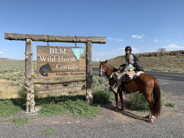 A horse with a rider in front of the wild horse and burro corrals sign in Burns, Oregon