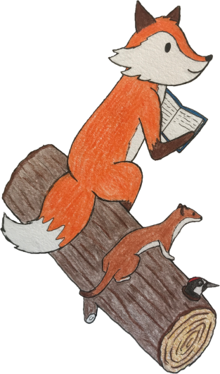 An illustration of a cartoon fox reading a boos to an ermine and woodpecker. 