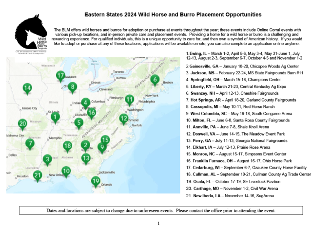 A map, and listing of the 2024 Wild Horse and burro placement event schedule. Available as a downloadable PDF on the page.