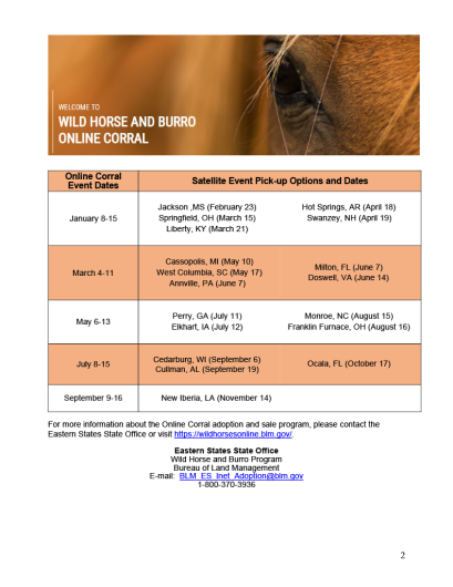 A listing of the online corral events in 2024 with a photo of a horse at the top. Available as a downloadable PDF on the page. 