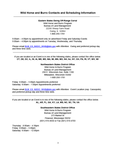 A listing of contacts, and scheduling information, for the Wild Horse and Burro placement events. Available as a downloadable PDF on the page. 