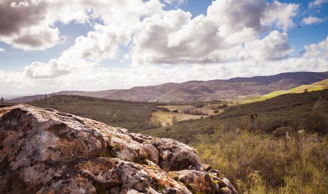 a chapparal covered land scape with low clouds and a boulder in the foreground.