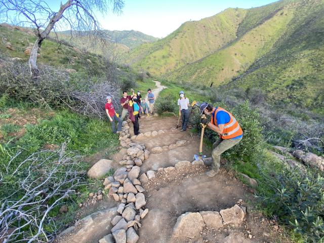 A crew builds trail stairs in a deep canyon