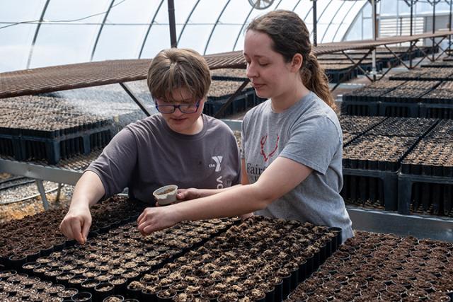 Two women plant seeds in a greenhouse.