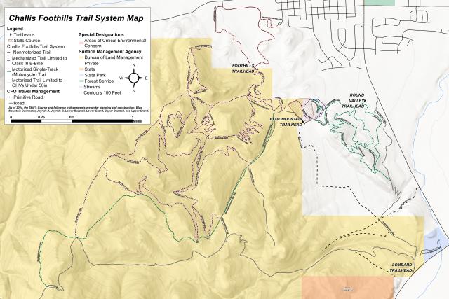Map depicting trails and trailheads of the Challis Foothills Trail System.