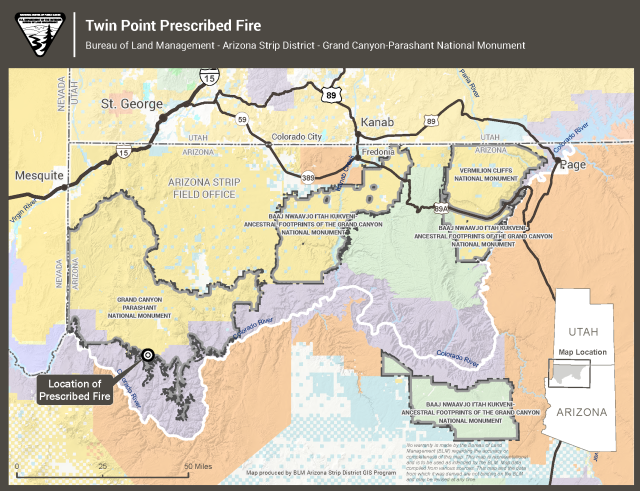 This map shows where the treatment is with a star on the Arizona Strip District south of St. George Utah on BLM Lands marked in yellow 