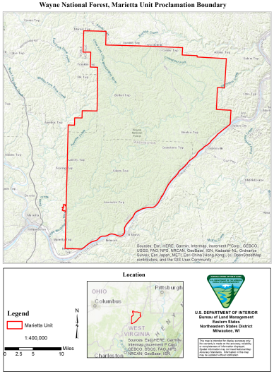 A map containing the Marietta Unit of the Wayne National Forest outlined in red. Below that is an inset map zoomed out, showing the area is located on the Ohio and West Virginia Border. A BLM logo, and a map legend showing distance are in separate boxes on the right and left of the inset map, respectively.