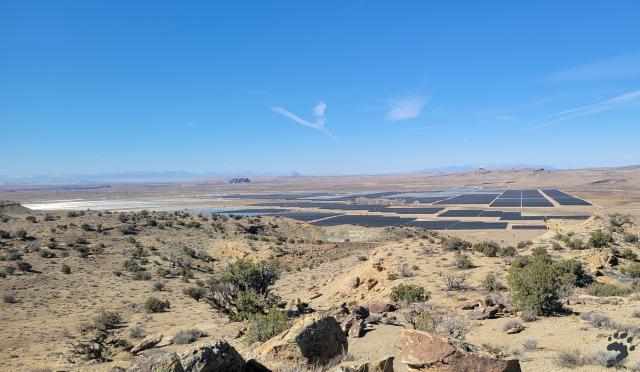 A wide photo of a landscape, with large solar panels in the distance and a blue sky in the background.