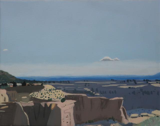 A painting looking over Arch Canyon with a blue sky dotted with clouds.