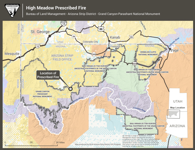 A map shows that the High Meadow prescribed fire treatment will take place 75 miles south of St. George, Utah (between Mt. Logan and Mt. Trumbull along BLM Roads 1044, 1775, 1768).