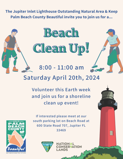 A flyer with the information provided on the webpage. Illustrations of a man and woman picking up trash are seen on the left and right respectively, near the top of the page. Notably the man has a prosthetic leg. An illustration of the Jupiter Inlet Lighthouse is at the bottom right. And also at the bottom are logos for BLM and Keep Palm Beach County Beautiful