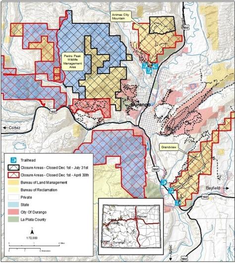 Map showing Durango area seasonal wildlife closure areas.