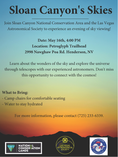 Flyer for May 16 sky-viewing event at Sloan Canyon NCA.