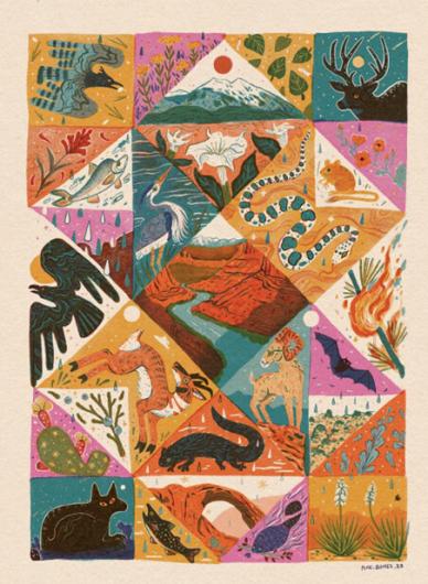 Artwork is shared with permission from the artist. Rights reserved by Pine Bones/Walck. Caption: A patchwork of desert landscapes, flora and fauna on colorful backgrounds. Water, a common theme in many panels transcends the individual panes.