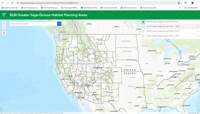 screenshot of web app splash screen for sage grouse plans