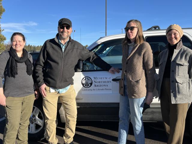 BLM Utah Curator and NAGPRA Coordinator Diana Barg (left) with MNA Director of Collections Anthony Thibodeau (center left), Collections Manager Signe Valentinsson (center right), and BLM Utah Tribal Liaison Jessica Montcalm (right) upon arrival and safe landing in Flagstaff, Arizona.