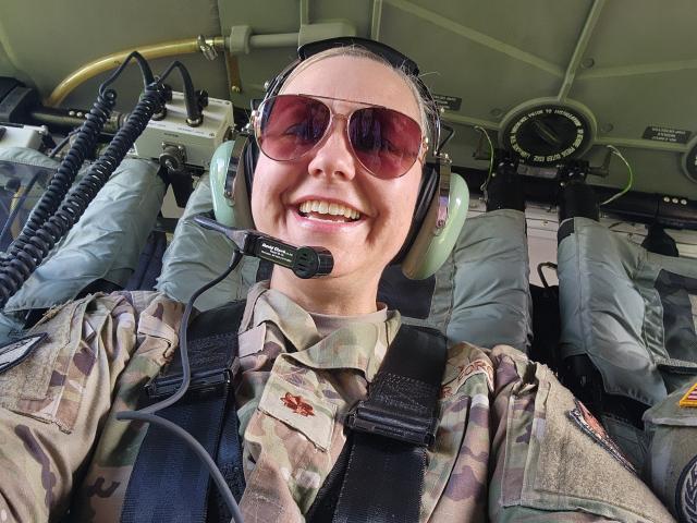 Air Force Maj. Megan Kiska on helo ride during the IRT.