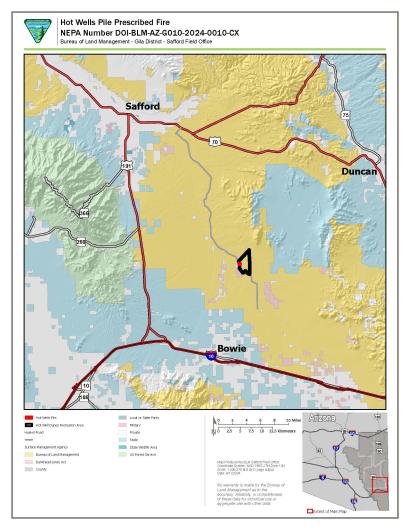 A map shows one acre of BLM-managed land near the Hot Well Dunes Recreation Area entrance, located approximately 26 miles southeast of Safford.