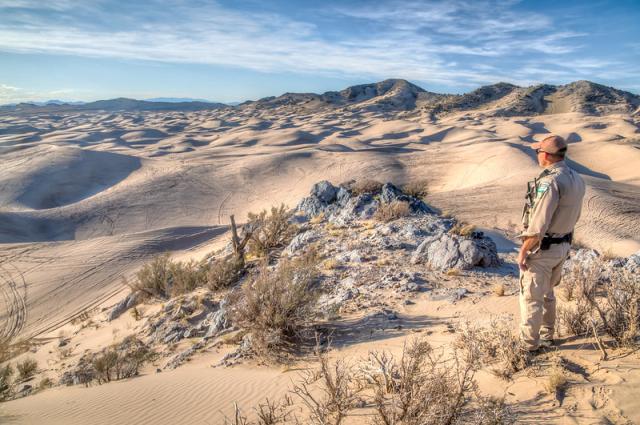 This photo shows a person in uniform looking out into the distance. He is standing on a sparsely vegetated hill with rocky, sandy rolling hills in the fore-, mid-, and background.