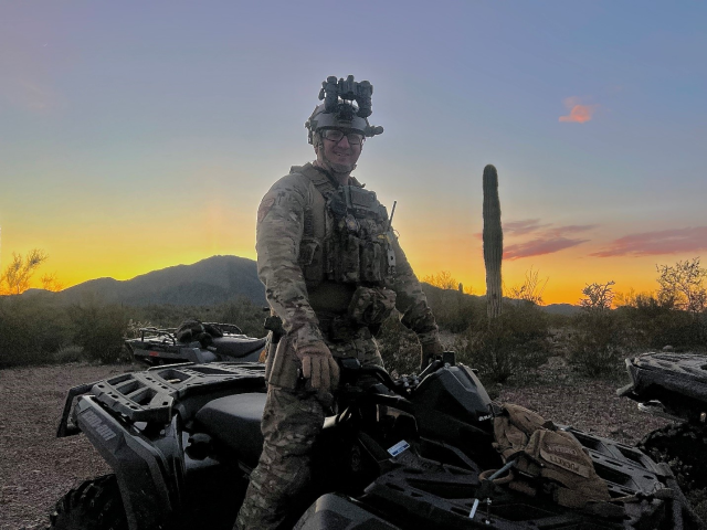 Ranger Pucket patrols the border on a four-wheeler.