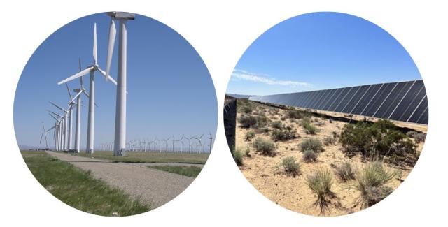 wind turbines and solar panels in side-by-side photos