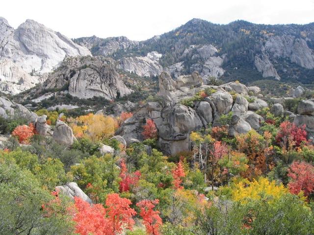 Autumn at Rock Corral Recreation Area with leaves changing color near a mountain.