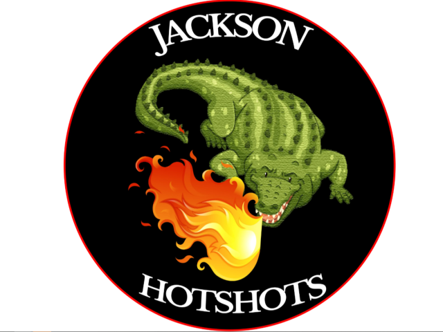 Black circle with words Jackson Hotshots and a graphic of a fire-breathing alligator