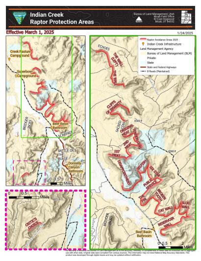 A topographical map highlighting raptor protection areas throughout Indian Creek.