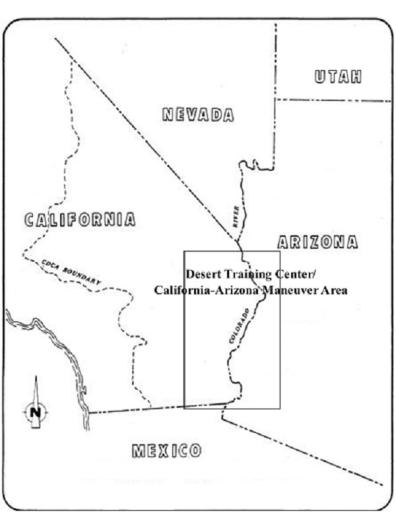 Map of the Desert Training Center. The DTC is the largest military training-maneuver area in the world, encompassing 18,000 square miles in southern California and western Arizona.