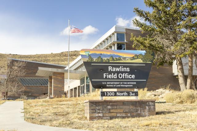 front area of the Rawlins Field Office in Wyoming with sign in the front