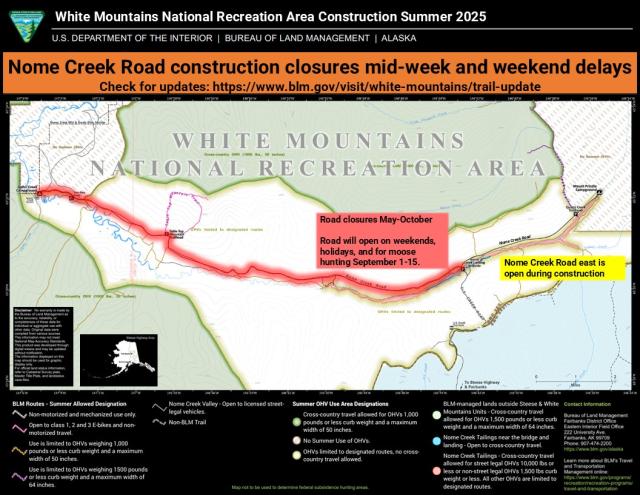 Map of Nome Creek Valley with the western portion of Nome Creek Road highlighted to show location of 2025 closures for construction. 
