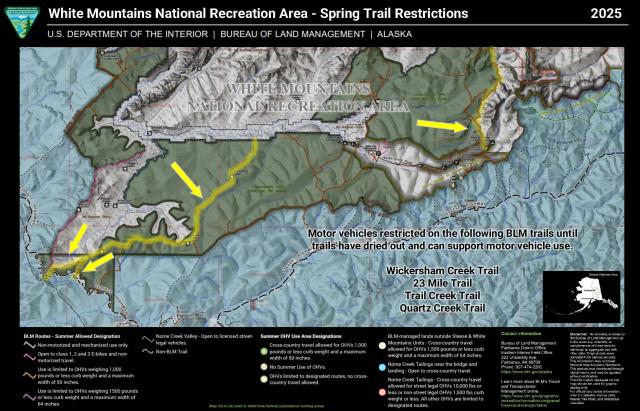 Map of the southern portion of the White Mountains National Recreation Area with Wickersham Creek Trail, Trail Creek Trail, 23 Mile Trail, and Quartz Creek Trail highlighted for the motor vehicle restriction May 1 - 23. 