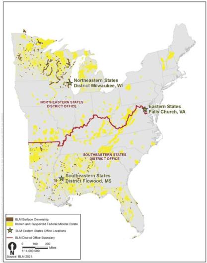 A map showing the eastern half of the United States. An east-west red line shows the boundary between the Northeastern and Southeastern States district offices of the BLM. Yellow parcels show BLM-managed subsurface mineral estate, and small dots of brown show BLM-managed lands. Stars indicate locations of the two district and one state office