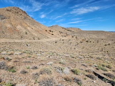 A high desert mountain ridge with Joshua Trees and a blue  sky