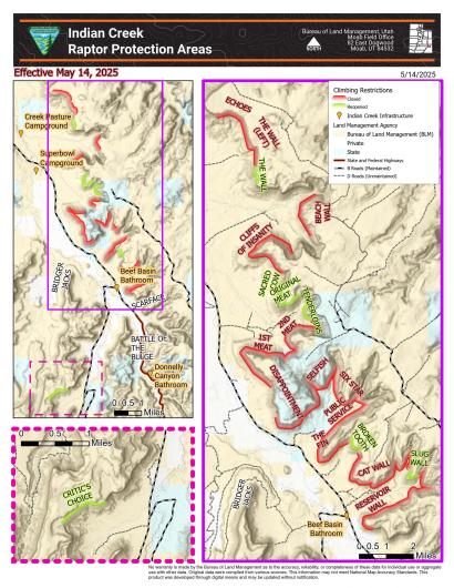 Map of climbing avoidance and open areas for Indian Creek