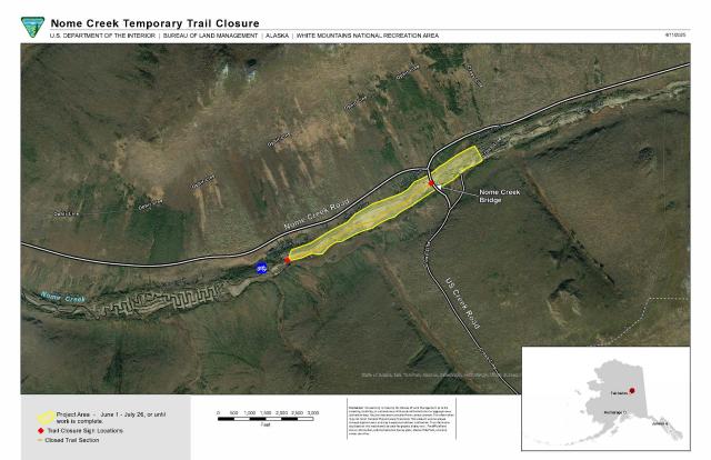 Map of Nome Creek Valley with the work area and closed trail highlighted. 