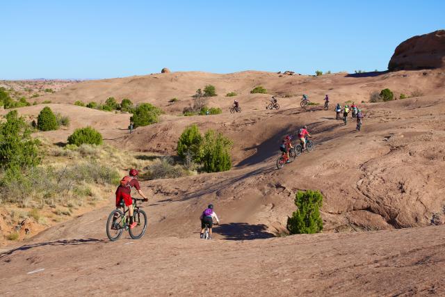 Several mountain bikers on a sandstone trail in the desert