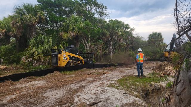 A worker in a safety vest observes a yellow skid steer clearing vegetation in a lush, tropical area with palm trees.
